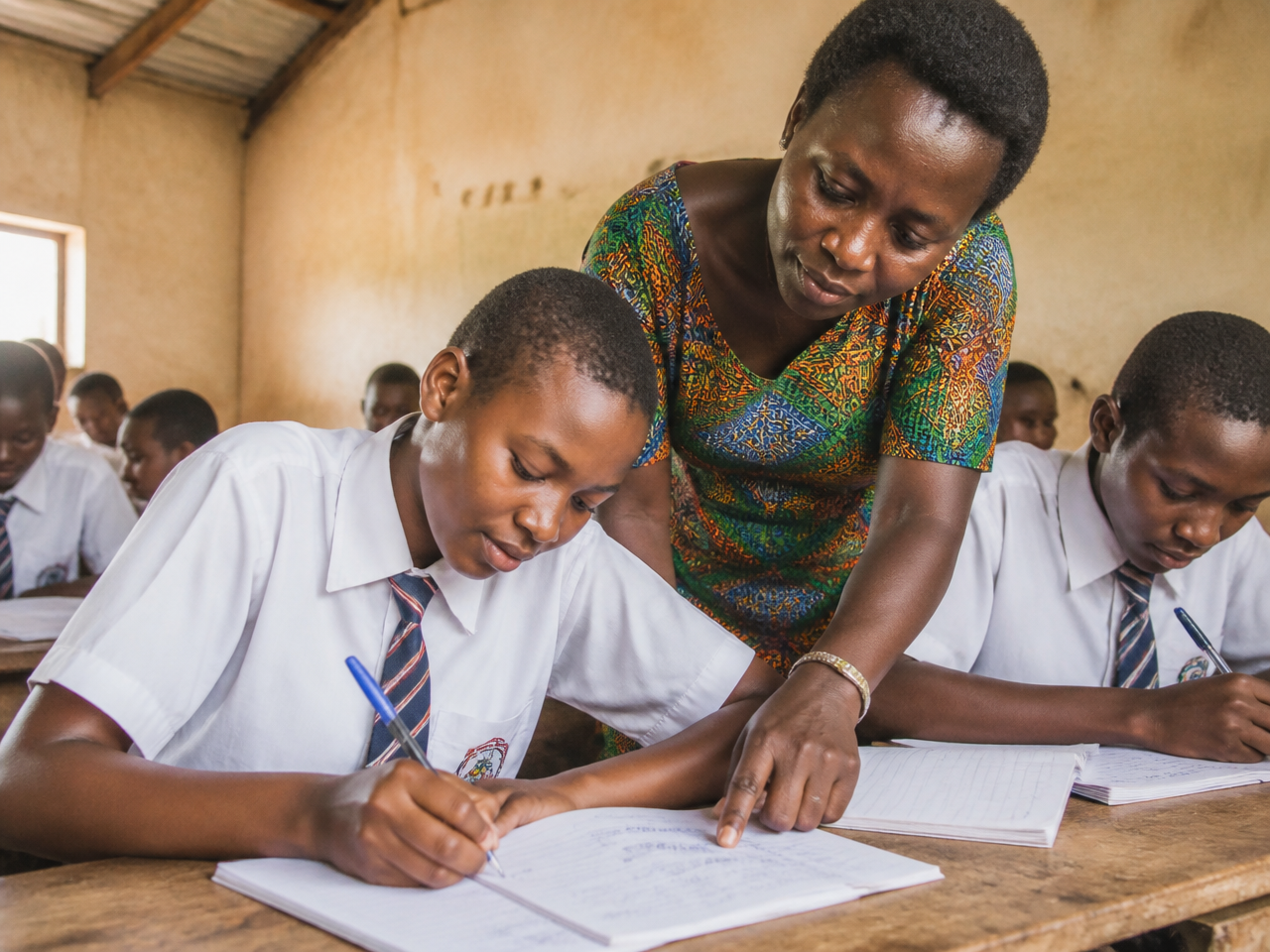 Students learning together in a bright classroom